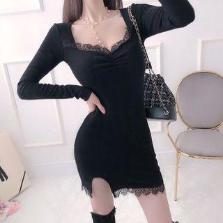 Slit-hem Lace-trim Bodycon Dress