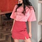 Set: Letter Print Short Sleeve T-shirt + Slit Mini A-line Skirt