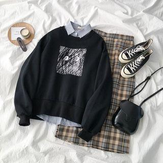 Plain Shirt / Plaid Midi A-line Skirt / Printed Pullover