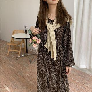 Set: Long-sleeve Floral Print Midi A-line Dress + Shawl