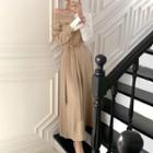 Mock Two-piece Long-sleeve Off-shoulder Tie-waist Maxi A-line Dress