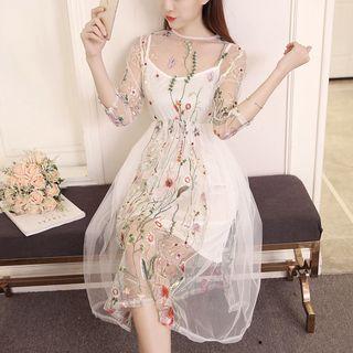 Flower Embroidered 3/4 Sleeve Mesh Dress With Slipdress