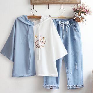 Set: Short-sleeve Printed Hoodie + Embroidered Jeans (various Designs)