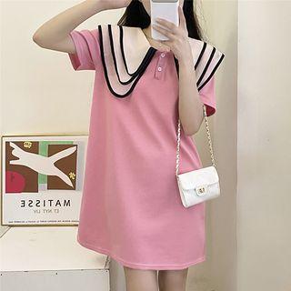 Peter Pan-collar Panel Short-sleeve Plain Dress
