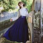 Embroidered V-neck Blouse / Midi Suspender Skirt