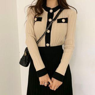Contrast Trim Cardigan / Knit Midi Skirt