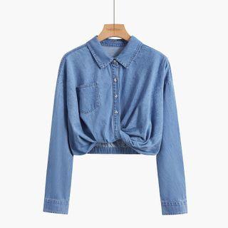 Long-sleeve Denim Crop Shirt Blue - One Size
