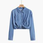 Long-sleeve Denim Crop Shirt Blue - One Size