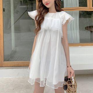 Mesh Ruffle-trim Short-sleeve Dress