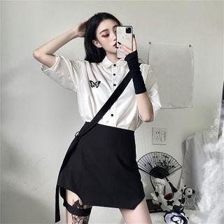 Butterfly Embroidered Shirt / Asymmetric Mini Skirt
