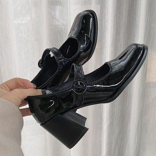 Block Heel Square Toe Patent Pumps