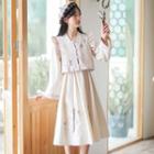 Long-sleeve Embroidered Midi A-line Dress / Frog-button Vest