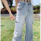 High-waist Ripped Wide-leg Washed Jeans