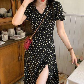 Shot-sleeve Floral Print Midi A-line Slit Dress