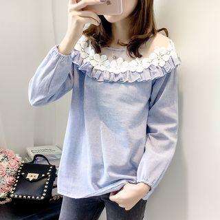 Mesh Panel Floral Accent Pinstripe Long-sleeve Blouse
