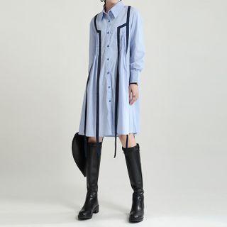 Long-sleeve Contrast Trim Shirtdress Blue - One Size