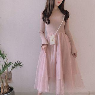 Rib Knit Bell-sleeve A-line Midi Mesh Dress