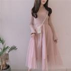 Rib Knit Bell-sleeve A-line Midi Mesh Dress