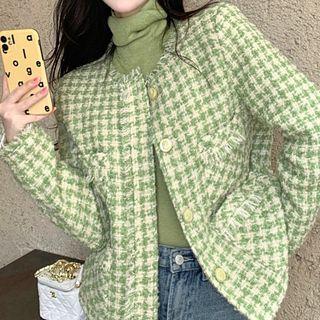 Long-sleeve Turtleneck Knit Top / Frayed Houndstooth Button Jacket
