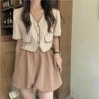 Short-sleeve V-neck Gingham Button-up Top / High Waist Shorts