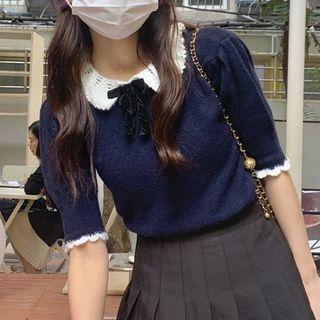 Short-sleeve Collared Knit Top Dark Blue - One Size