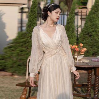 Long-sleeve V-neck Twisted Maxi A-line Dress