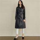 Single-breasted Faux-leather Coat With Sash Black - One Size