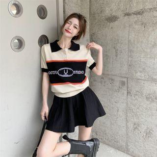 Short-sleeve Collar Letter Embroidered T-shirt / Mini A-line Skirt