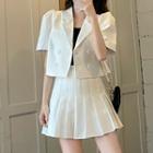 Set : Short-sleeve Double-breasted Cropped Blazer / High-waist Accordion Pleat Mini Skirt