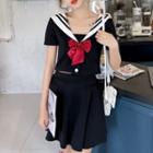 Set: Short-sleeve Sailor Top + A-line Skirt