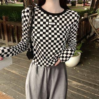 Long-sleeve Check Crop T-shirt