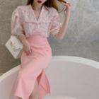 Short-sleeve Floral Print Blouse / Midi Pencil Skirt