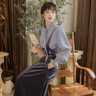 Set: Tie-neck Blouse + Floral Print Midi Jumper Skirt