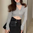 Halter-neck Cross Strap Knit Long-sleeve Top Gray - One Size