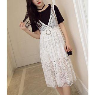 Set: Short-sleeve Crewneck T-shirt + Lace Pinafore Dress