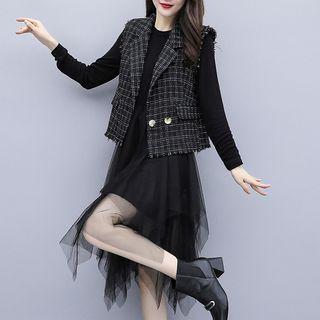 Set: Tweed Vest + Long-sleeve Layered Mesh A-line Dress