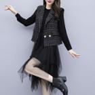 Set: Tweed Vest + Long-sleeve Layered Mesh A-line Dress