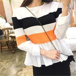 Color-block Knit-panel Peplum Blouse