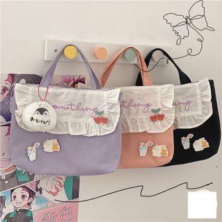 Letter Embroidered Two-tone Ruffle Trim Tote Bag