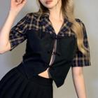 Short-sleeve Mock Two-piece Plaid Panel Top