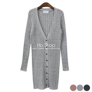 V-neck Rib-knit Long Cardigan