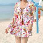 Set: Printed Long-sleeve Swimdress + Swim Shorts