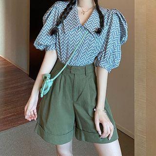 Puff Sleeve Herringbone Shirt / High Waist Bubble Shorts