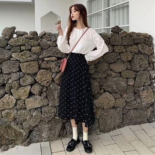 Long-sleeve Blouse / Dotted Midi A-line Skirt