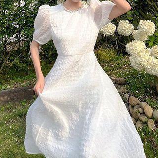 Puff-sleeve Rhinestone Open Back Midi A-line Dress