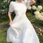 Puff-sleeve Rhinestone Open Back Midi A-line Dress