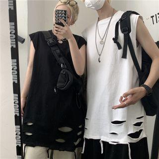 Couple Matching Sleeveless Round Neck Distressed Plain Top