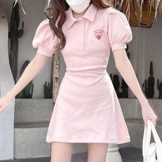 Puff-sleeve Polo-neck Embroidered Mini A-line Dress