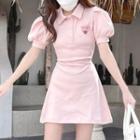Puff-sleeve Polo-neck Embroidered Mini A-line Dress