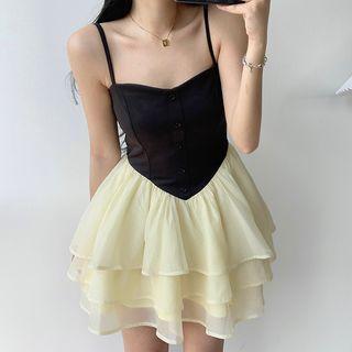Spaghetti-strap Two-tone Mini A-line Dress